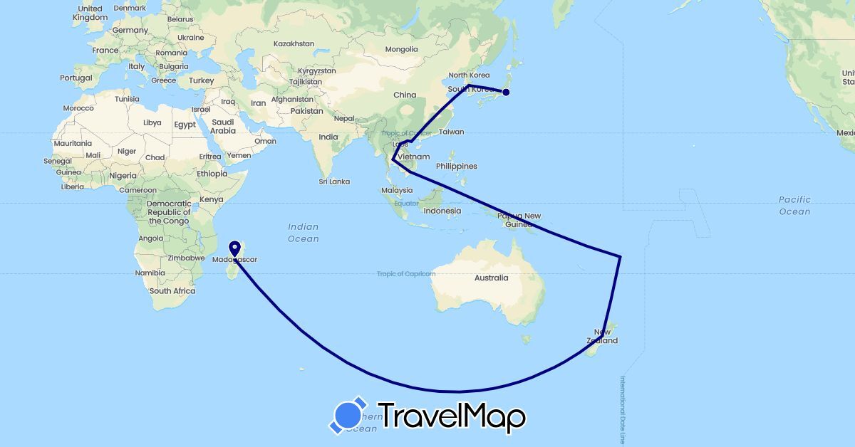 TravelMap itinerary: driving in Fiji, Japan, South Korea, Laos, New Zealand, Thailand, Vietnam (Asia, Oceania)